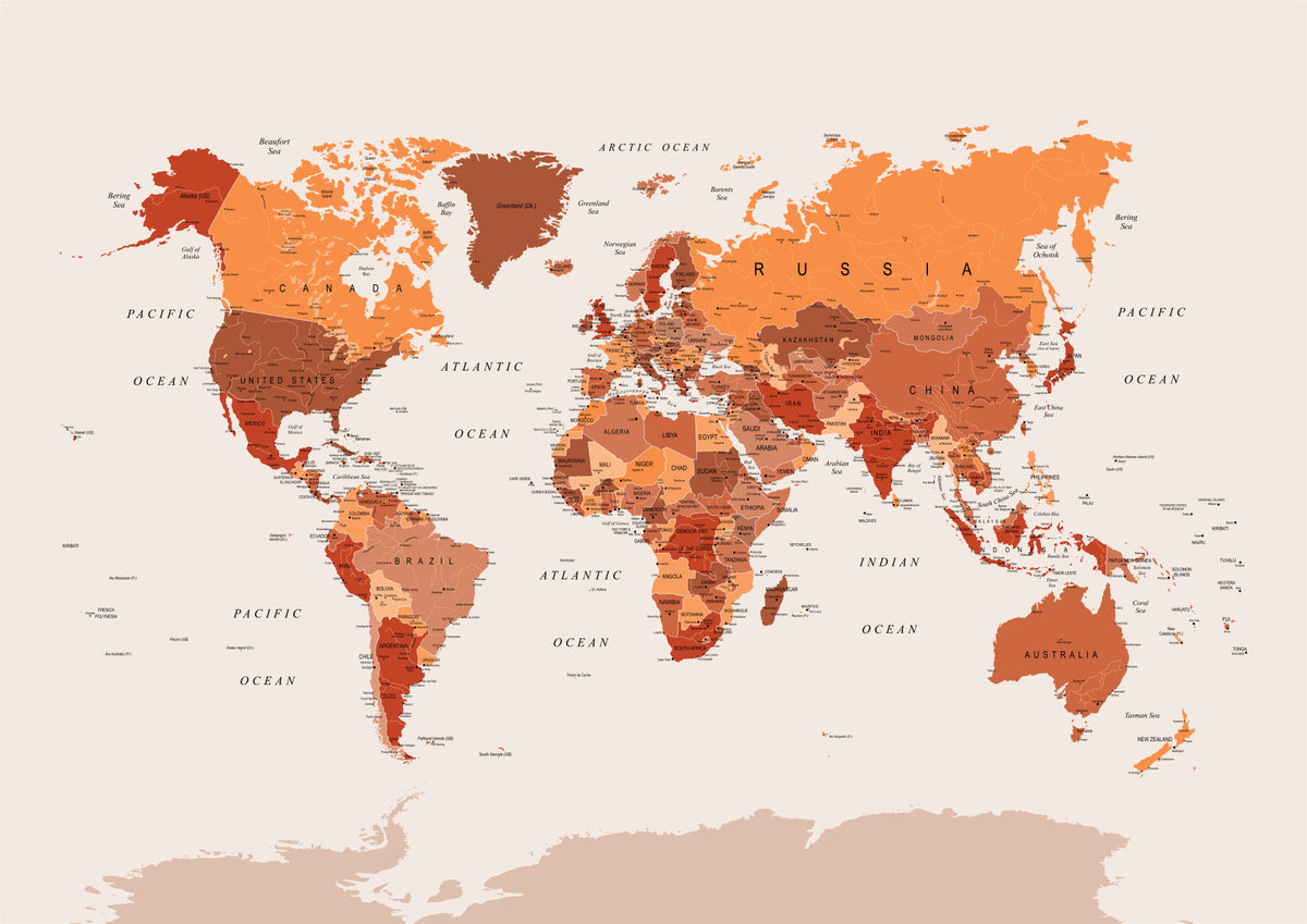 World Map Burnt Orange Wall Mural in your room — zoomed