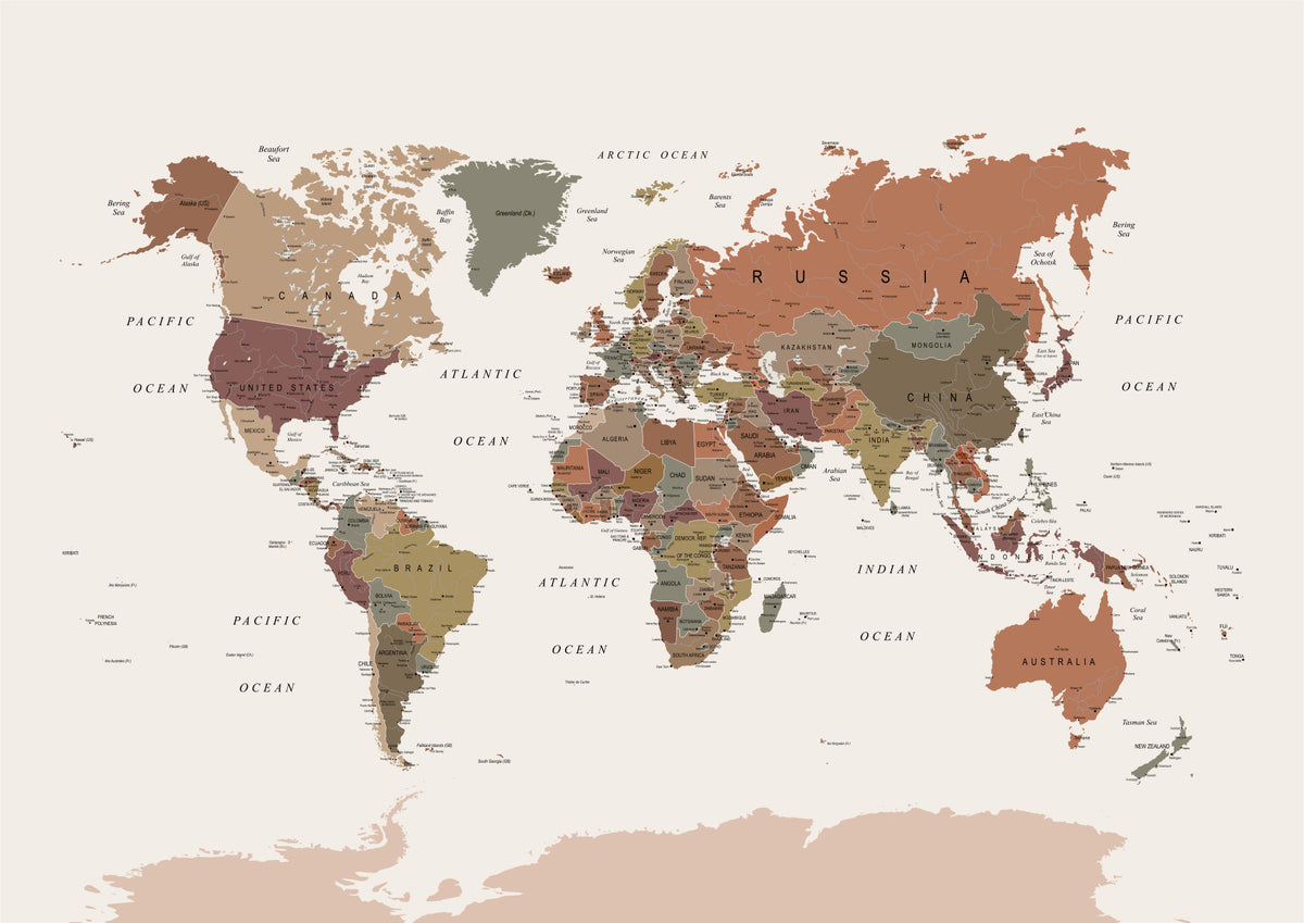 World Map in Earth Tones Wall Mural in your room