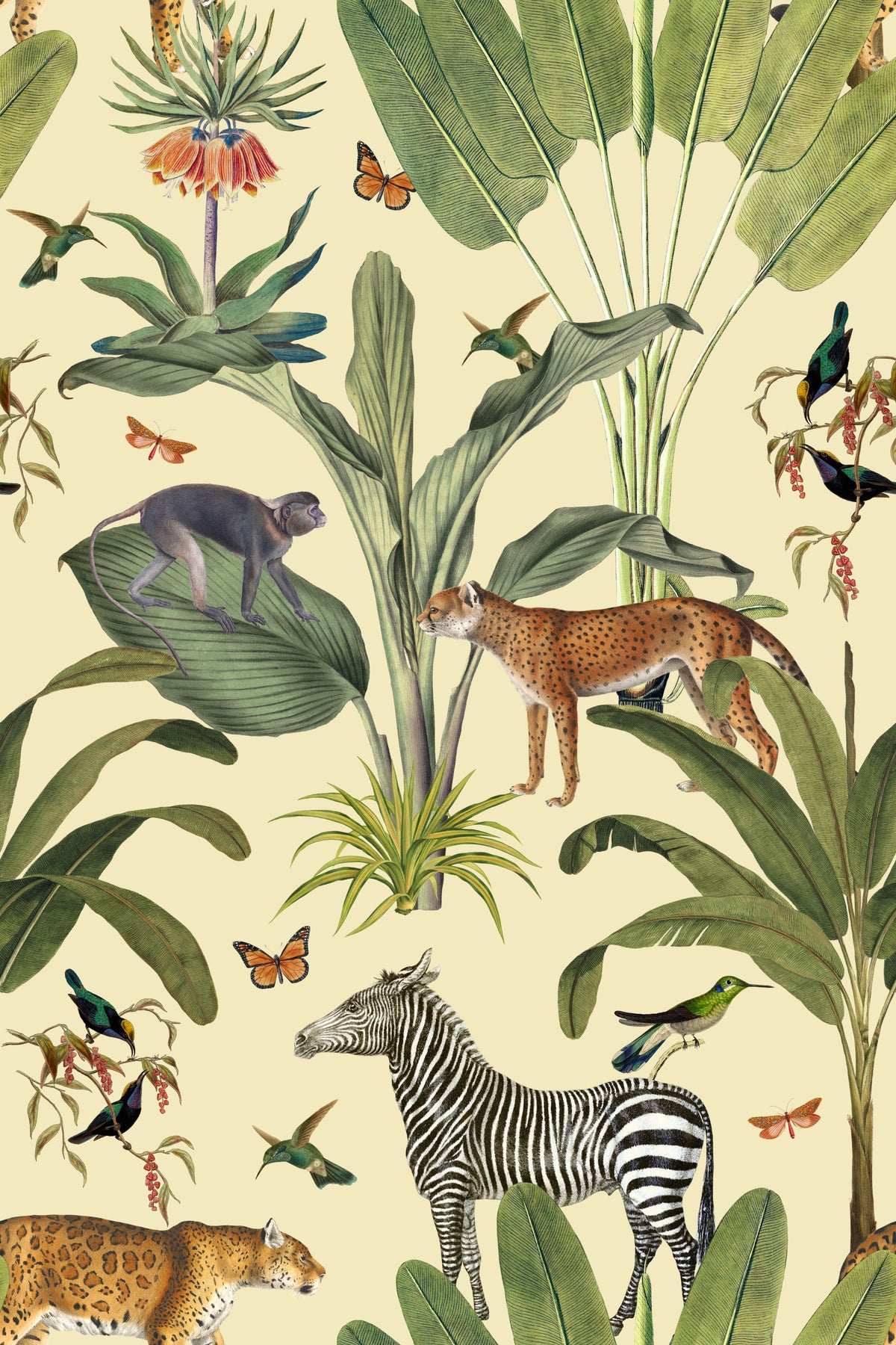 Safari Wildlife Vintage Botanical Wallpaper⁠ in your room