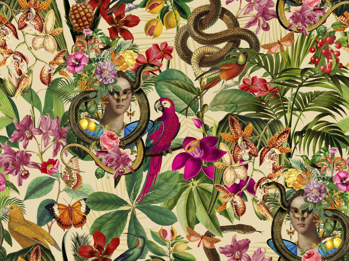 Snake Princess Whimsical Vintage Botanical Collage Wallpaper⁠ in your room — zoomed