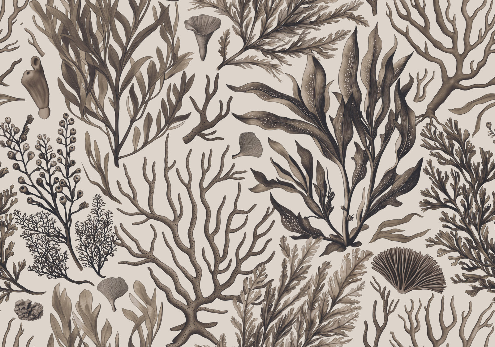 Mystical Ocean Underwater Foliage Garden Monochrome Beige Wallpaper⁠
