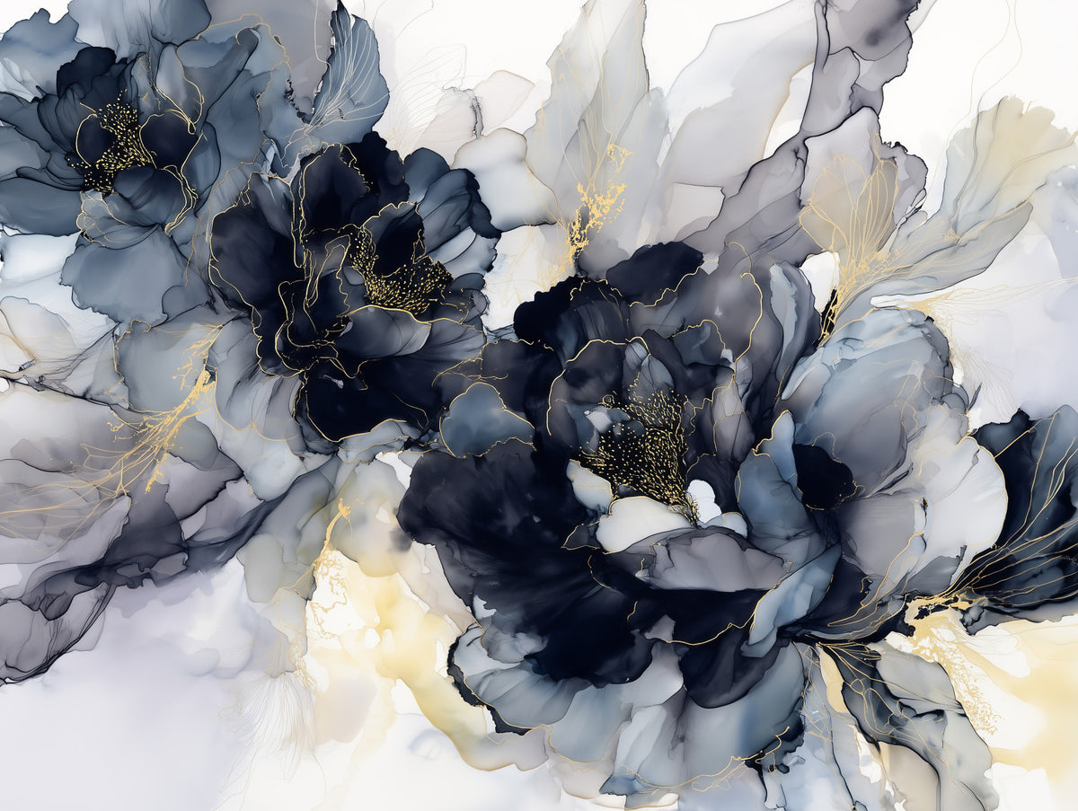 Midnight Blossom Ink Flowers Wall Mural in your room — zoomed
