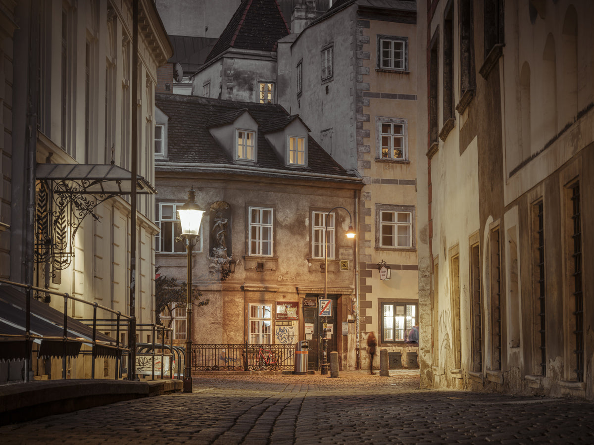 Nighttime Reverie on a Quaint Street Wall Mural in your room — zoomed