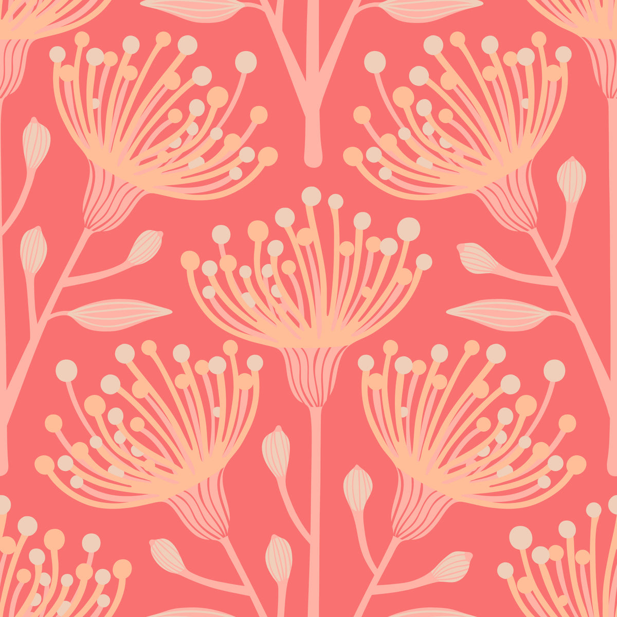 Eucalyptus Floral Botanical Bright Peach Fuzz Orange Coral Wallpaper⁠ in your room
