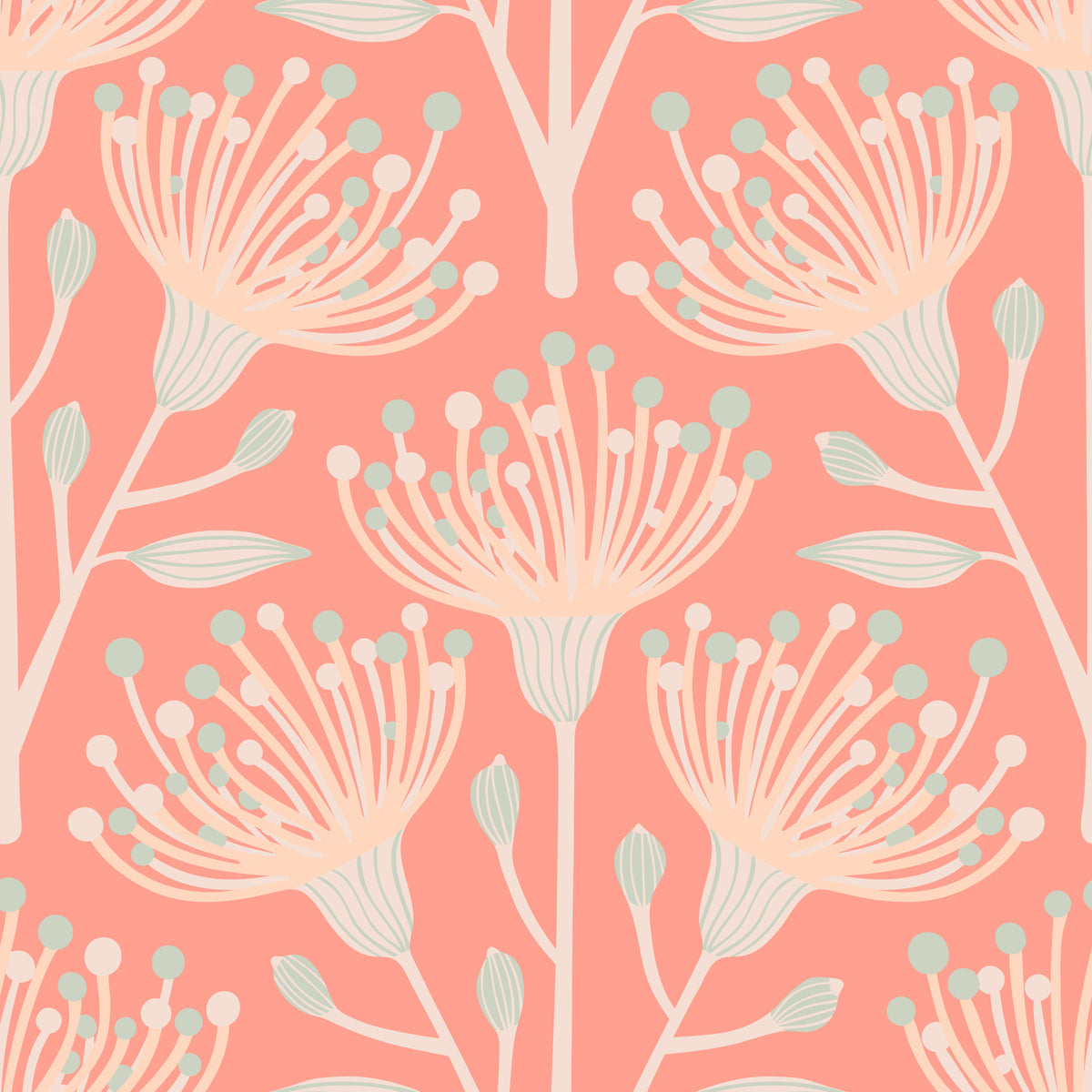 Eucalyptus Floral Botanical Cottage Blush on Apricot Orange Wallpaper⁠ in your room — zoomed