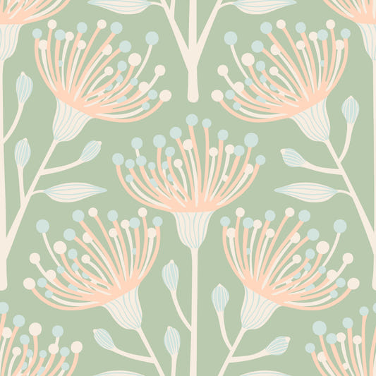 Eucalyptus Floral Botanical Cottage Blush on Sage Green Wallpaper⁠