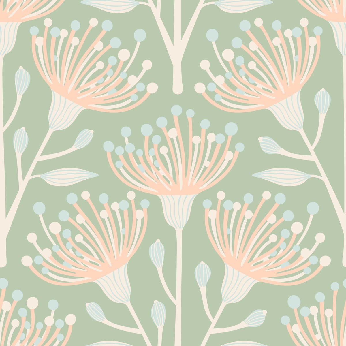 Eucalyptus Floral Botanical Cottage Blush on Sage Green Wallpaper⁠ in your room — zoomed