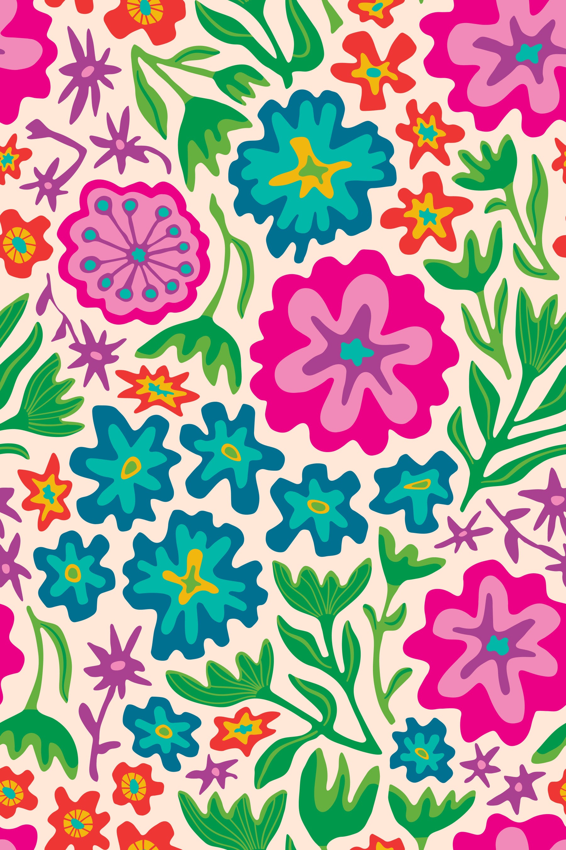 Sayulita Tropical Retro Floral Botanical Rainbow Brights on Cream Wallpaper⁠
