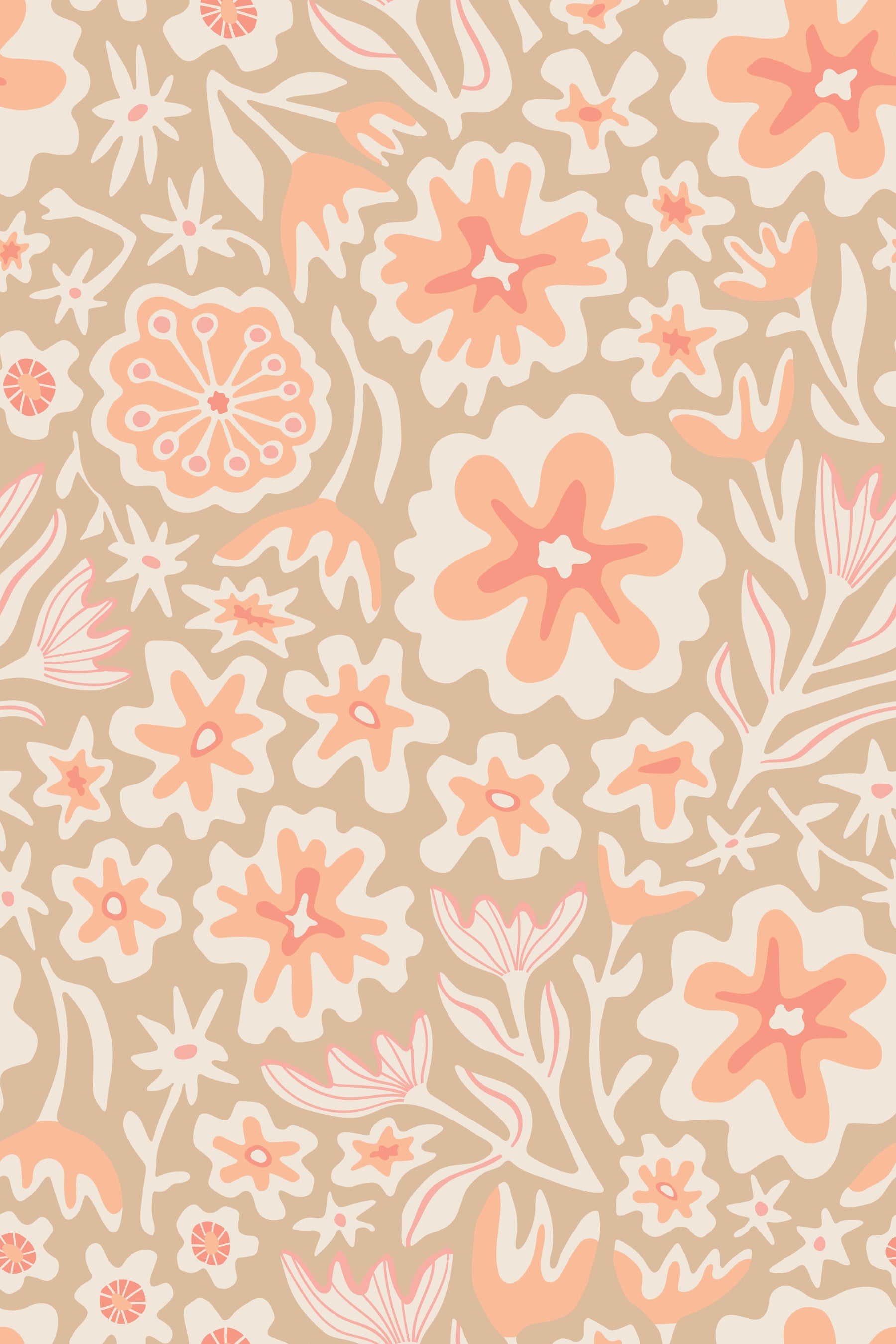 Sayulita Tropical Retro Floral Botanical Peach Fuzz Orange Beige Wallpaper⁠