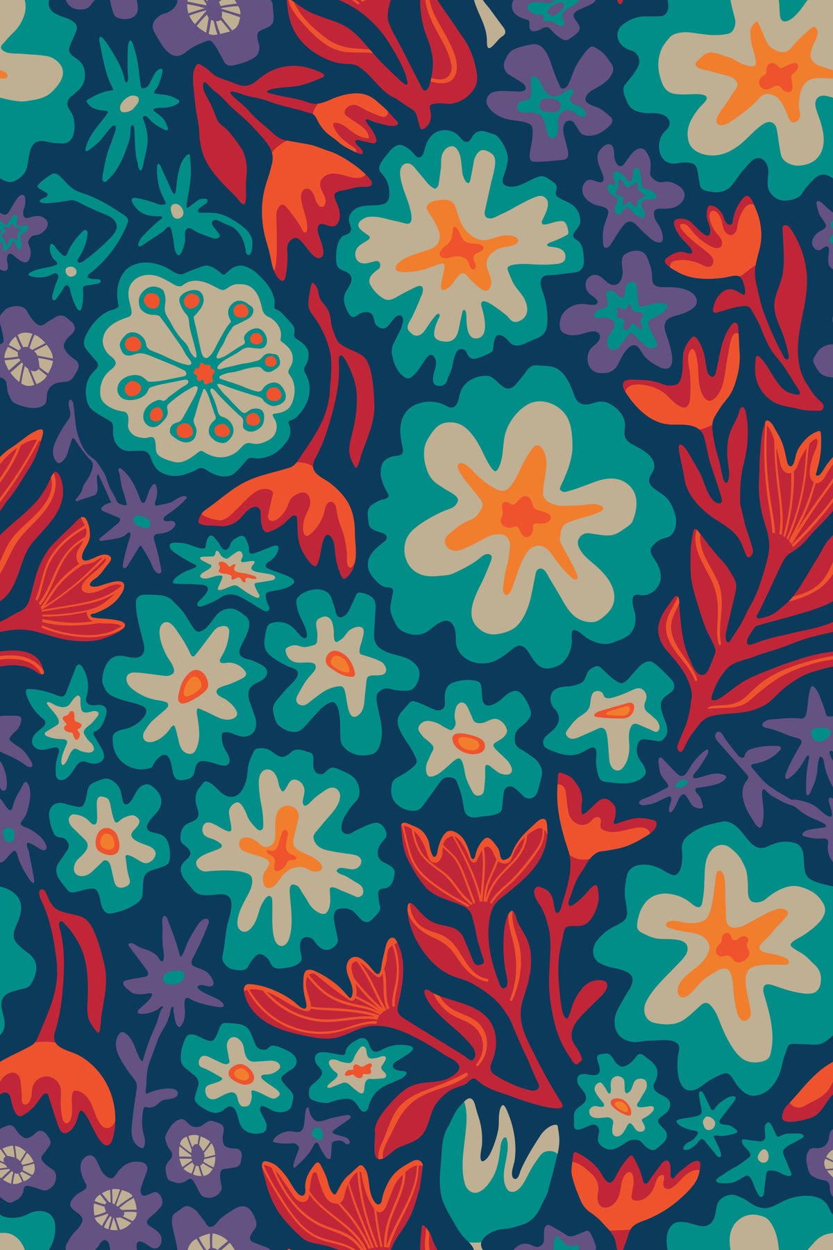 Sayulita Tropical Retro Floral Botanical Bright Aqua Orange Red Purple Dark Blue Wallpaper⁠ in your room — zoomed