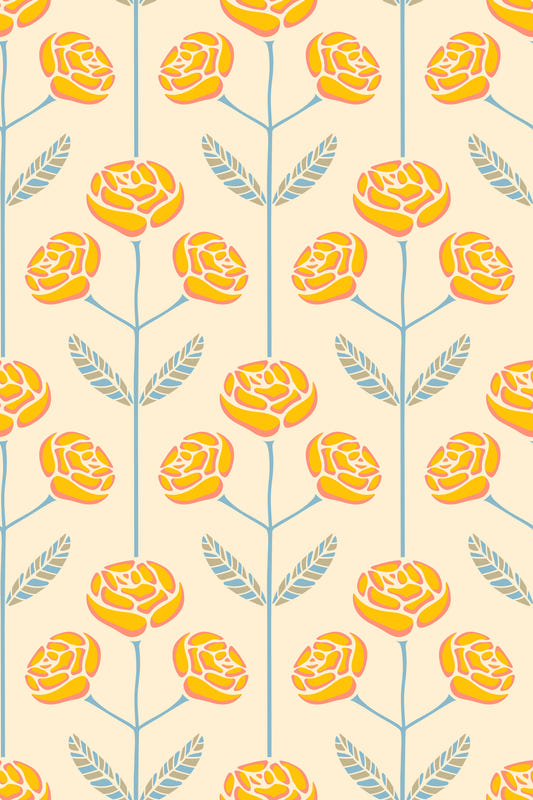 Lola Rose Retro Scandi Mid Century Floral Cottage Yellow Blue Gray Leaves Wallpaper⁠