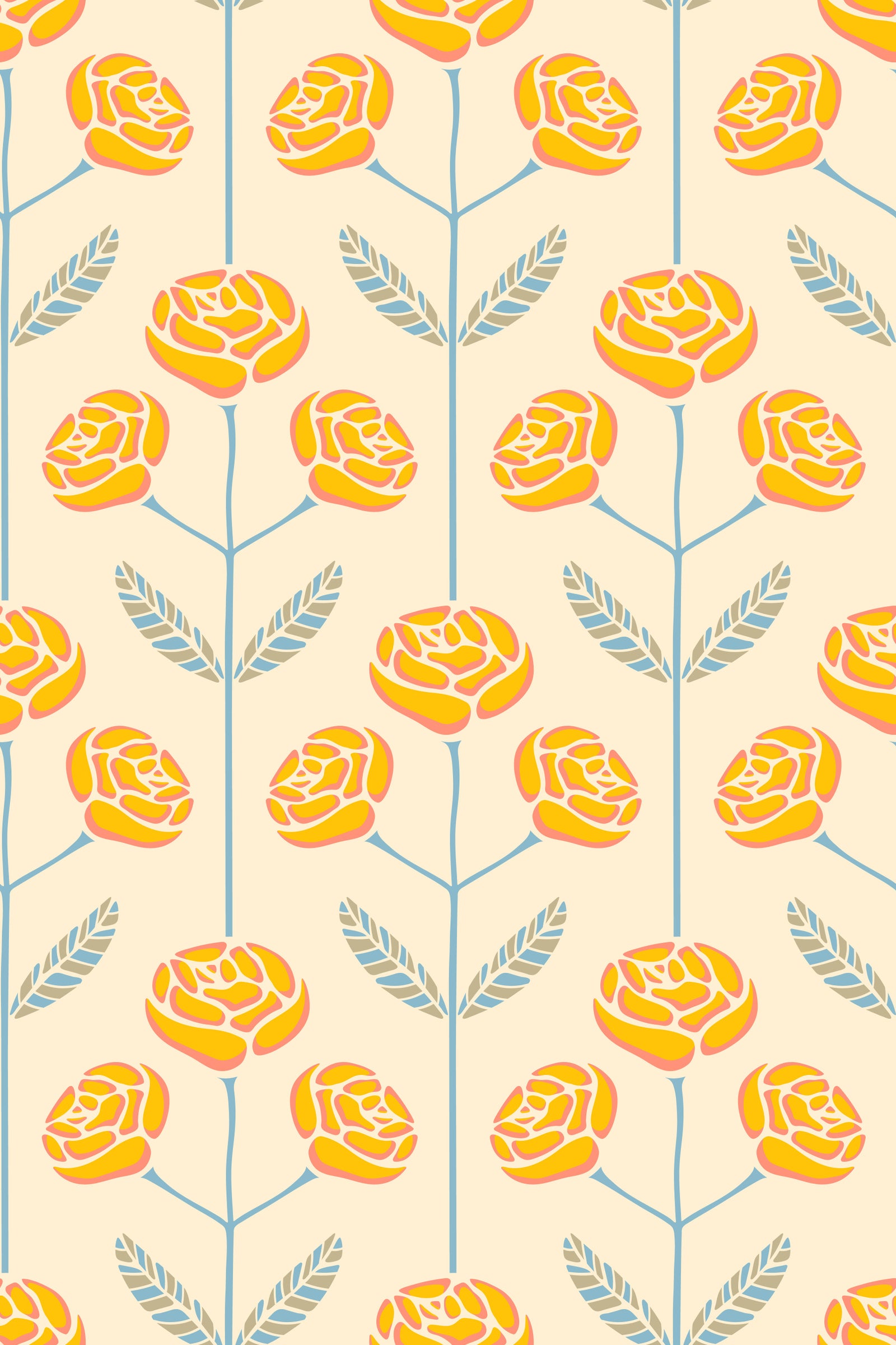 Lola Rose Retro Scandi Mid Century Floral Cottage Yellow Blue Gray Leaves Wallpaper⁠ in your room