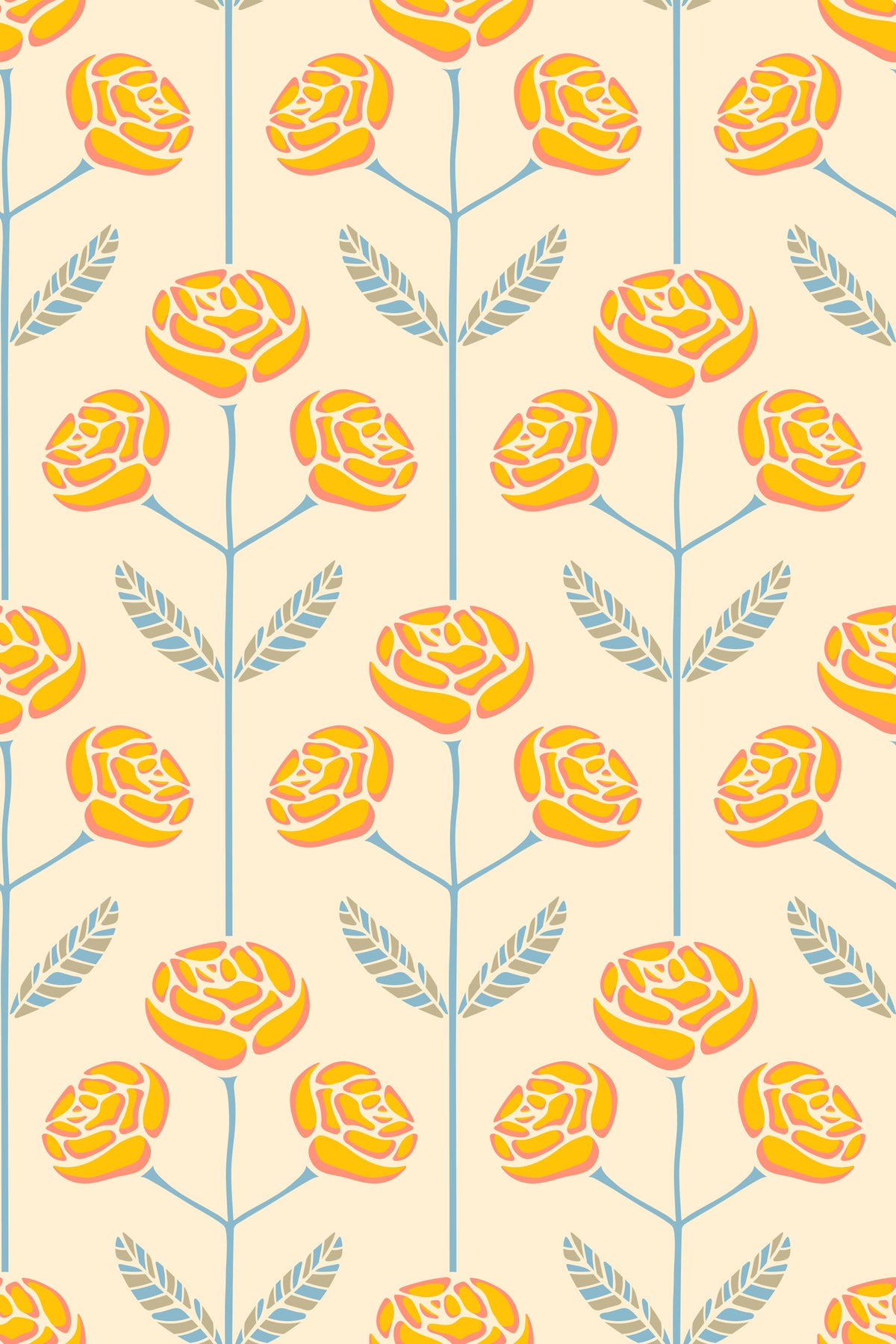 Lola Rose Retro Scandi Mid Century Floral Cottage Yellow Blue Gray Leaves Wallpaper⁠ in your room — zoomed