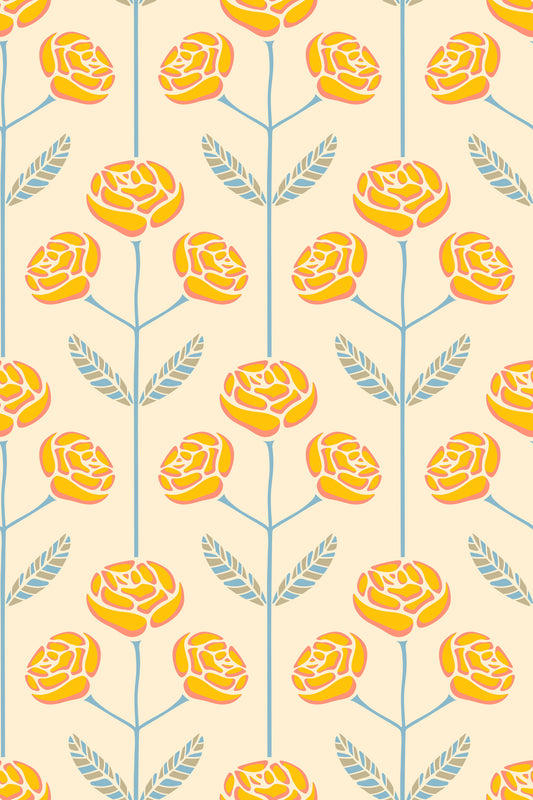 Lola Rose Retro Scandi Mid Century Floral Cottage Yellow Blue Gray Leaves Wallpaper⁠