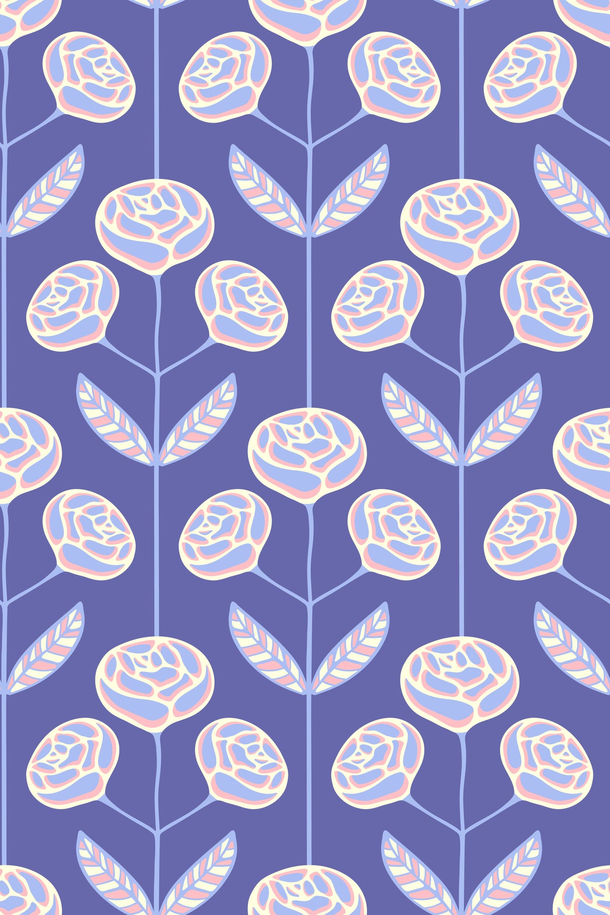 Lola Rose Retro Scandi Mid Century Floral Cottage Very Peri Purple Wallpaper⁠ in your room