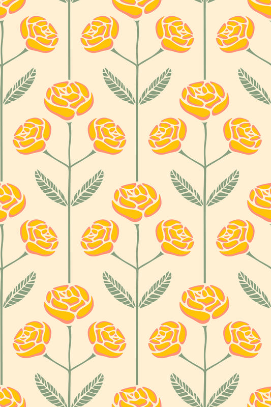 Lola Rose Retro Scandi Mid Century Floral Cottage Yellow Sage Green Leaves Wallpaper⁠