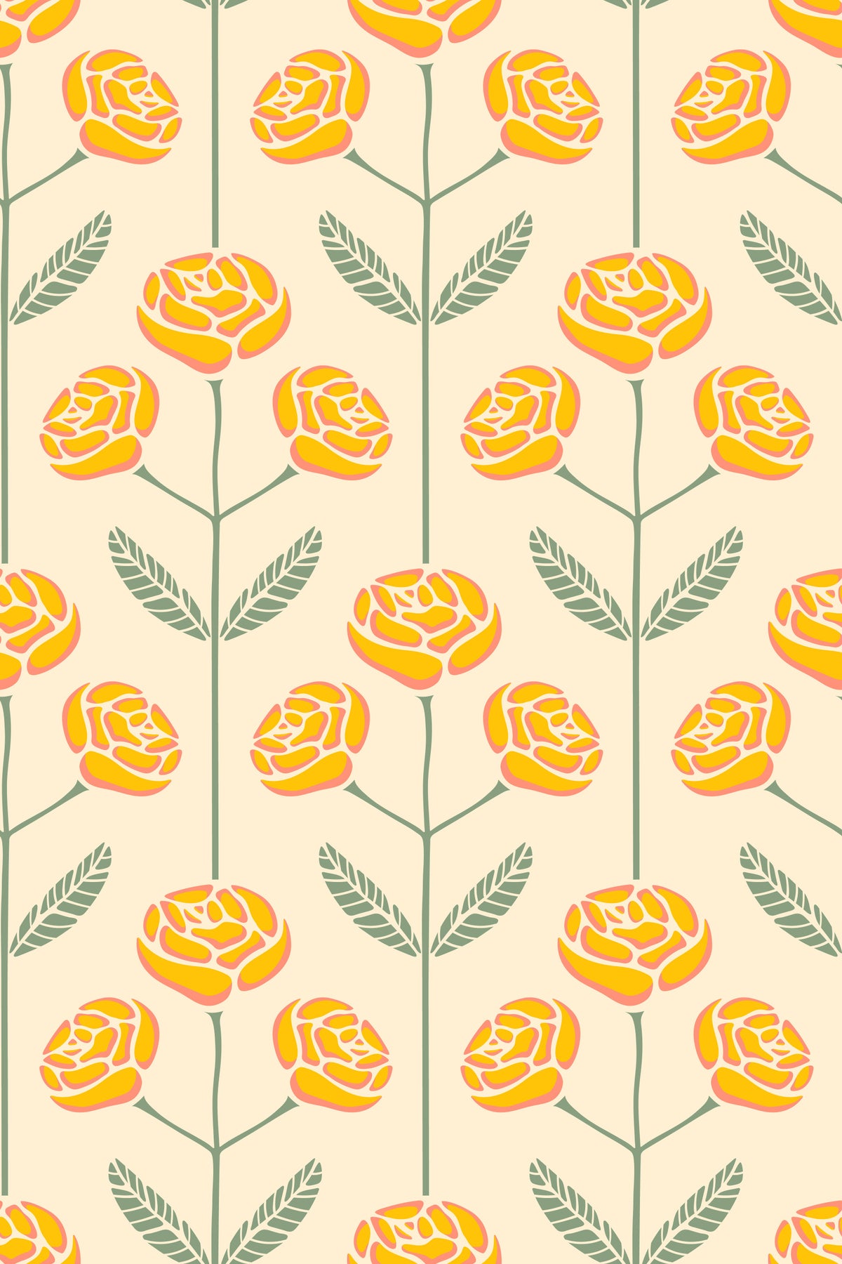 Lola Rose Retro Scandi Mid Century Floral Cottage Yellow Sage Green Leaves Wallpaper⁠ in your room
