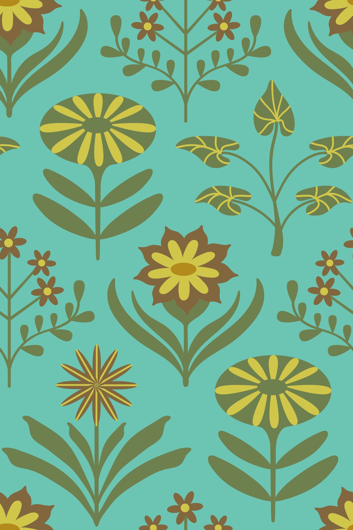 Tami Mid Century Modern Scandi Retro Floral Vintage Olive Green Brown Turquoise  Wallpaper⁠ in your room — zoomed