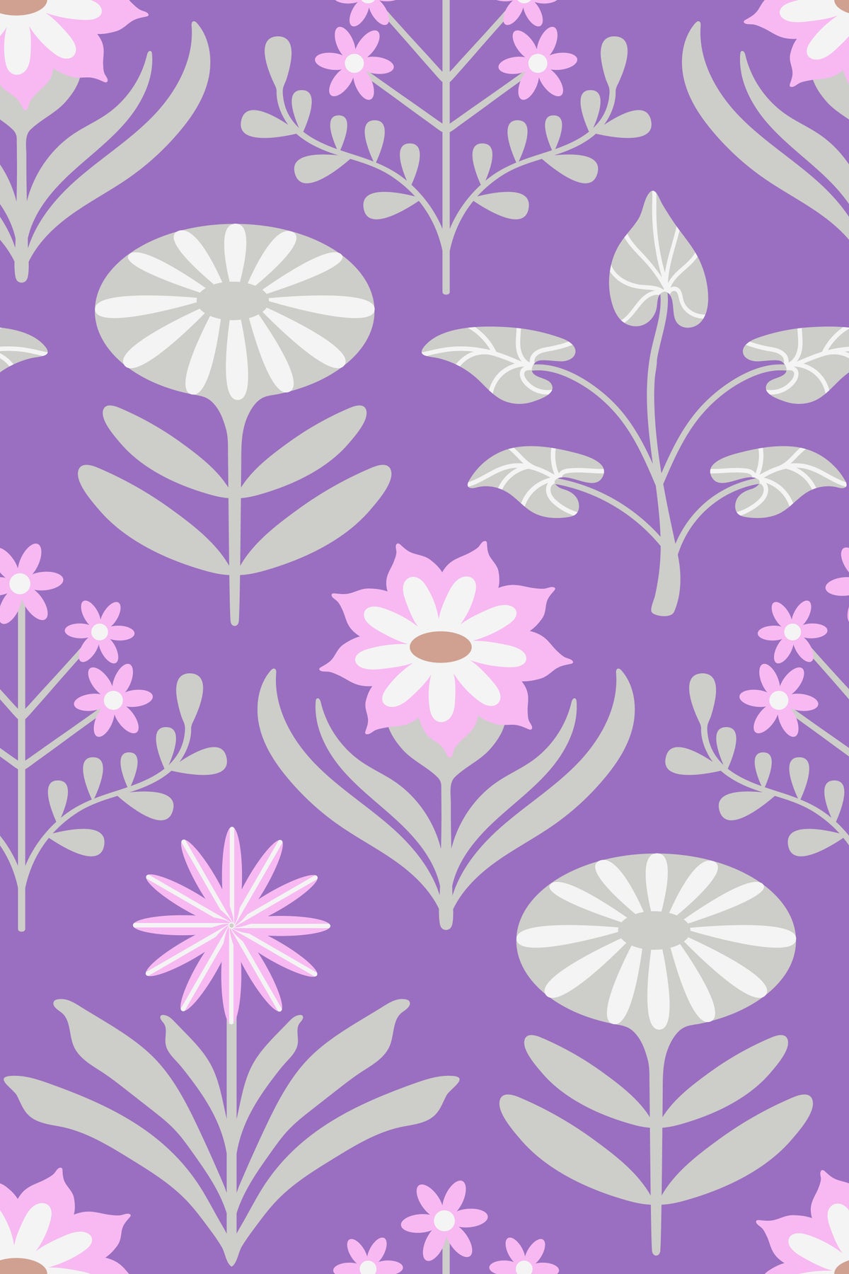 Tami Mid Century Modern Scandi Retro Floral Cottage Pink Gray Purple Wallpaper⁠ in your room