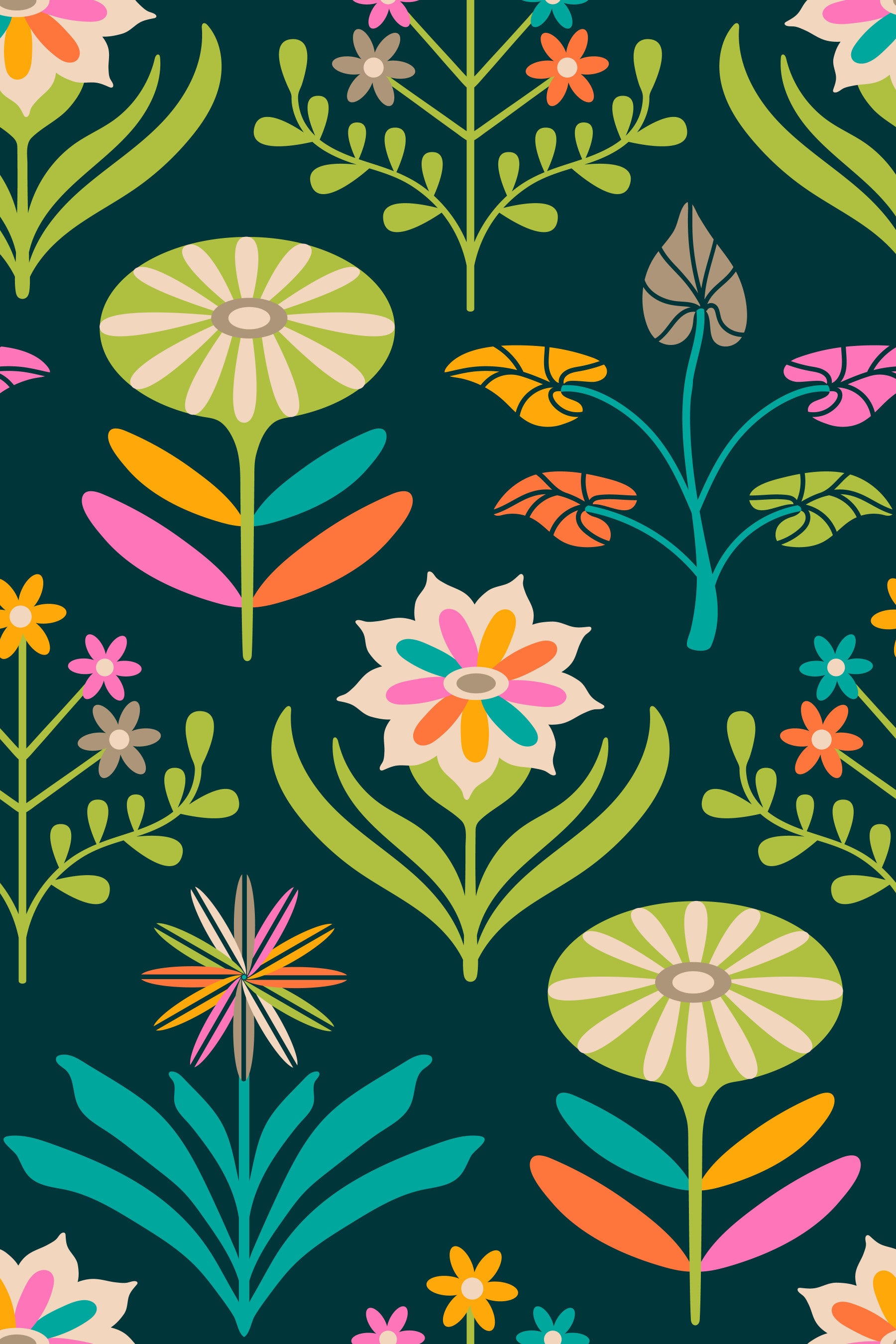 Tami Mid Century Modern Scandi Retro Floral Rainbow Brights Dark Green Wallpaper⁠