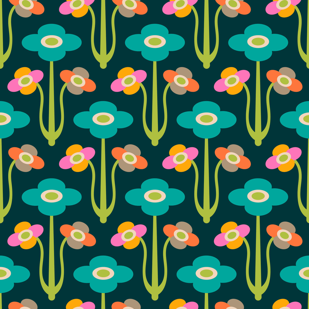 Yvette Mid Century Modern Scandi Retro Floral Rainbow Brights Dark Green  Wallpaper⁠ in your room