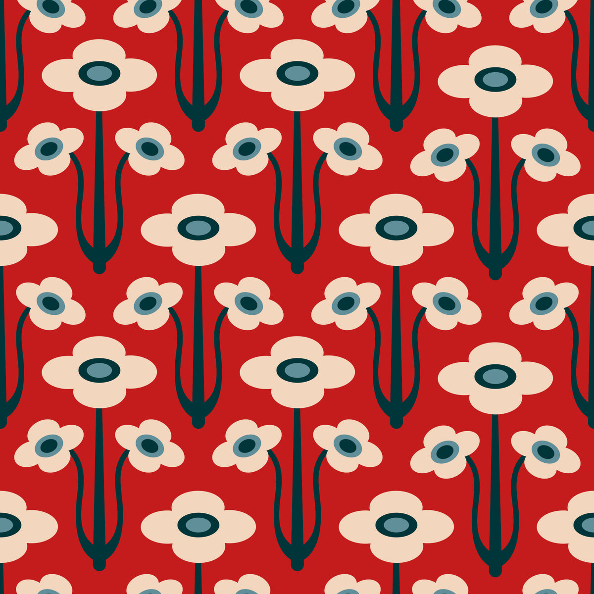 Yvette Mid Century Modern Scandi Retro Floral Blue Navy Indigo White Dark Red  Wallpaper⁠ in your room