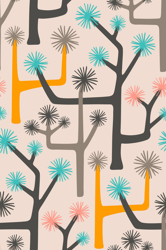 Joshua Tree Retro Mid Century Modern Desert Cactus Gray Yellow Pink Turquoise Wallpaper⁠