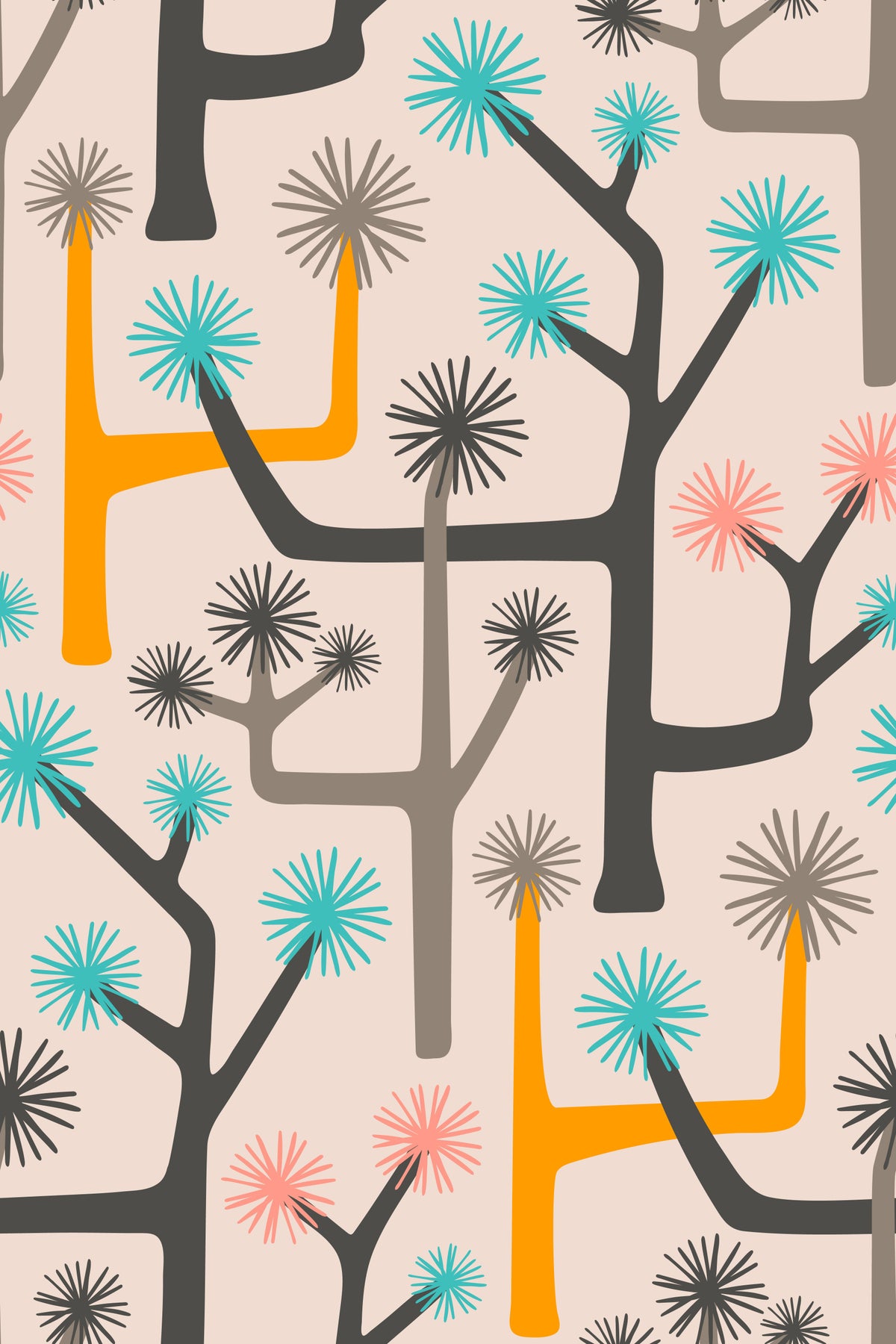 Joshua Tree Retro Mid Century Modern Desert Cactus Gray Yellow Pink Turquoise Wallpaper⁠ in your room