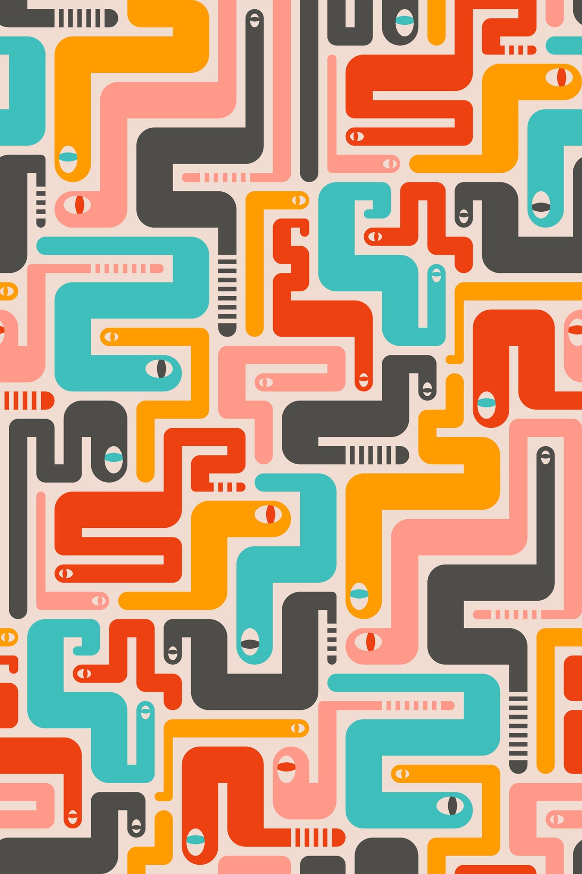Retro Rattlers Desert Snakes Mid Century Modern Geometric Gray Yellow Pink Red Turquoise Wallpaper⁠