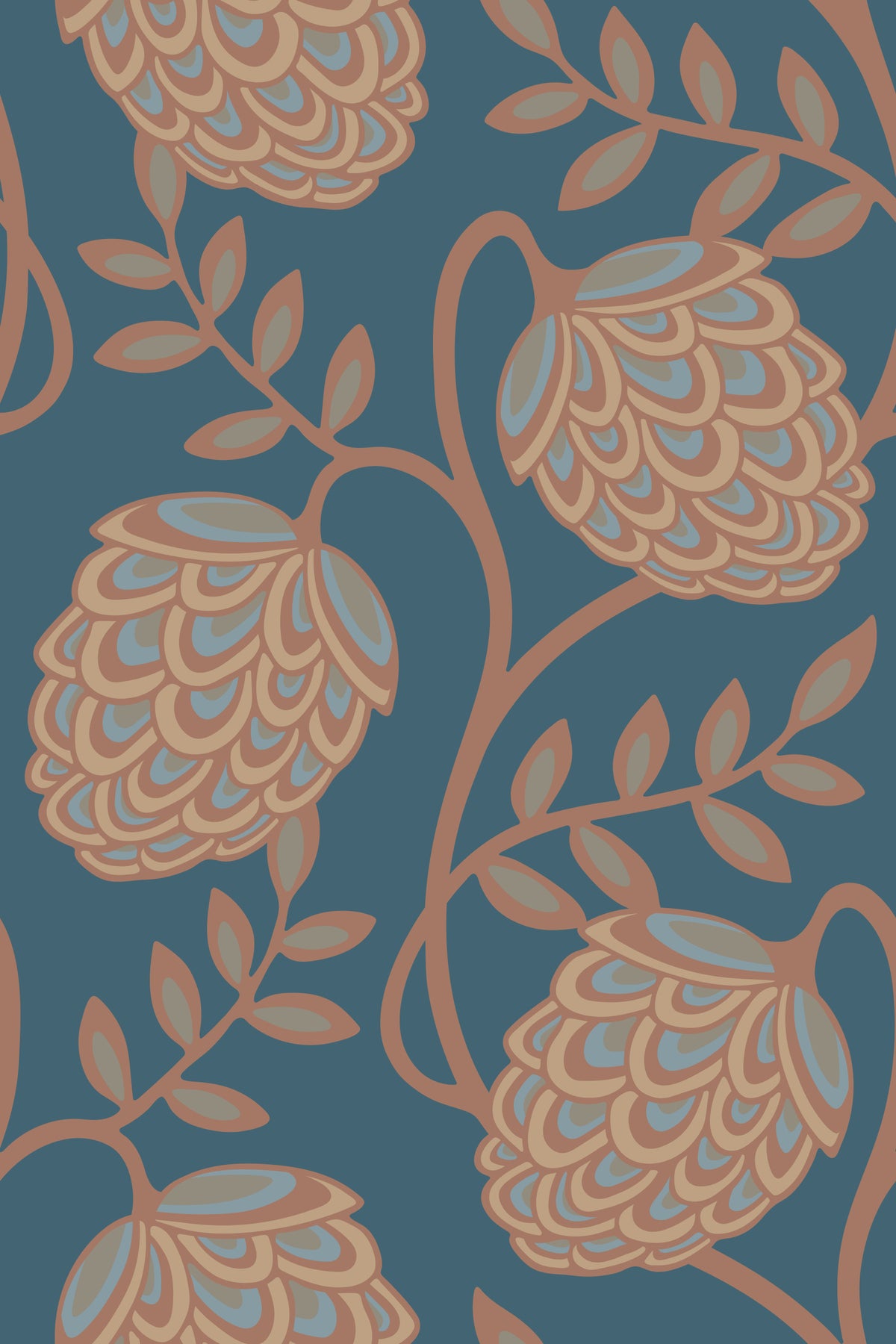 Fantasia Floral Botanical Modern Art Nouveau Mocha Mousse Brown Beige Blue Wallpaper⁠ in your room — zoomed