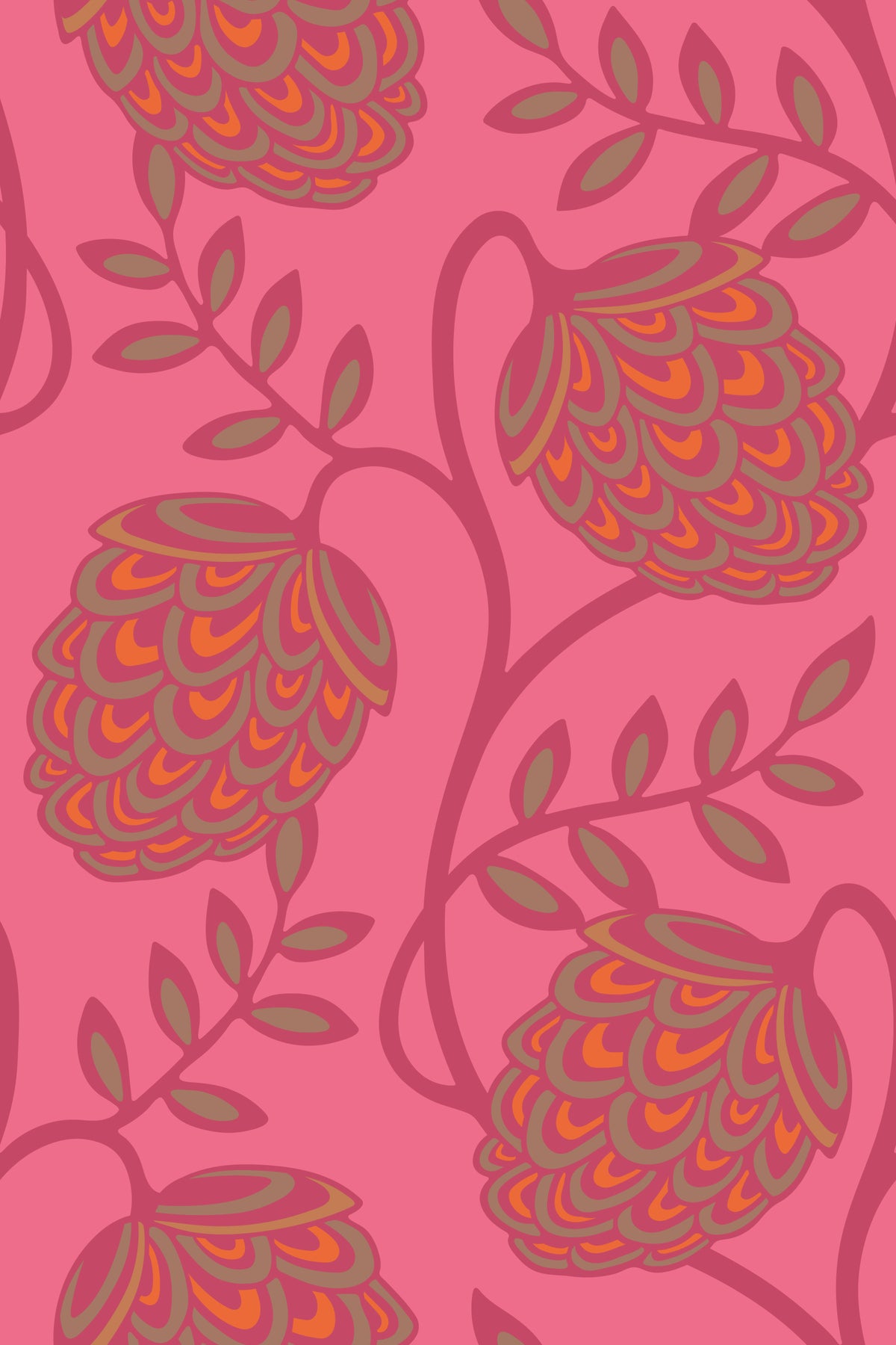 Fantasia Floral Botanical Modern Art Nouveau Magenta Orange Pink Wallpaper⁠ in your room