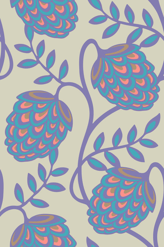 Fantasia Floral Botanical Modern Art Nouveau Pastel Lavender Purple Pink Blue Cream Wallpaper⁠