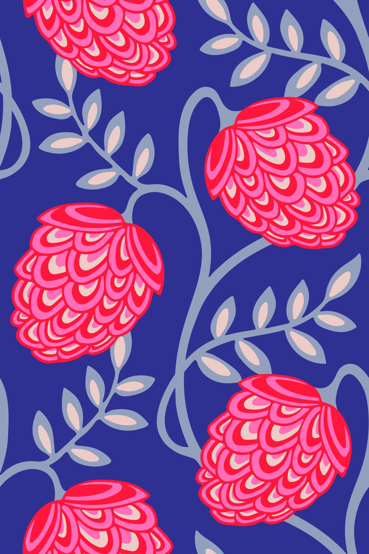 Fantasia Floral Botanical Modern Art Nouveau Fuchsia Pink Red Royal Blue Wallpaper⁠ in your room — zoomed