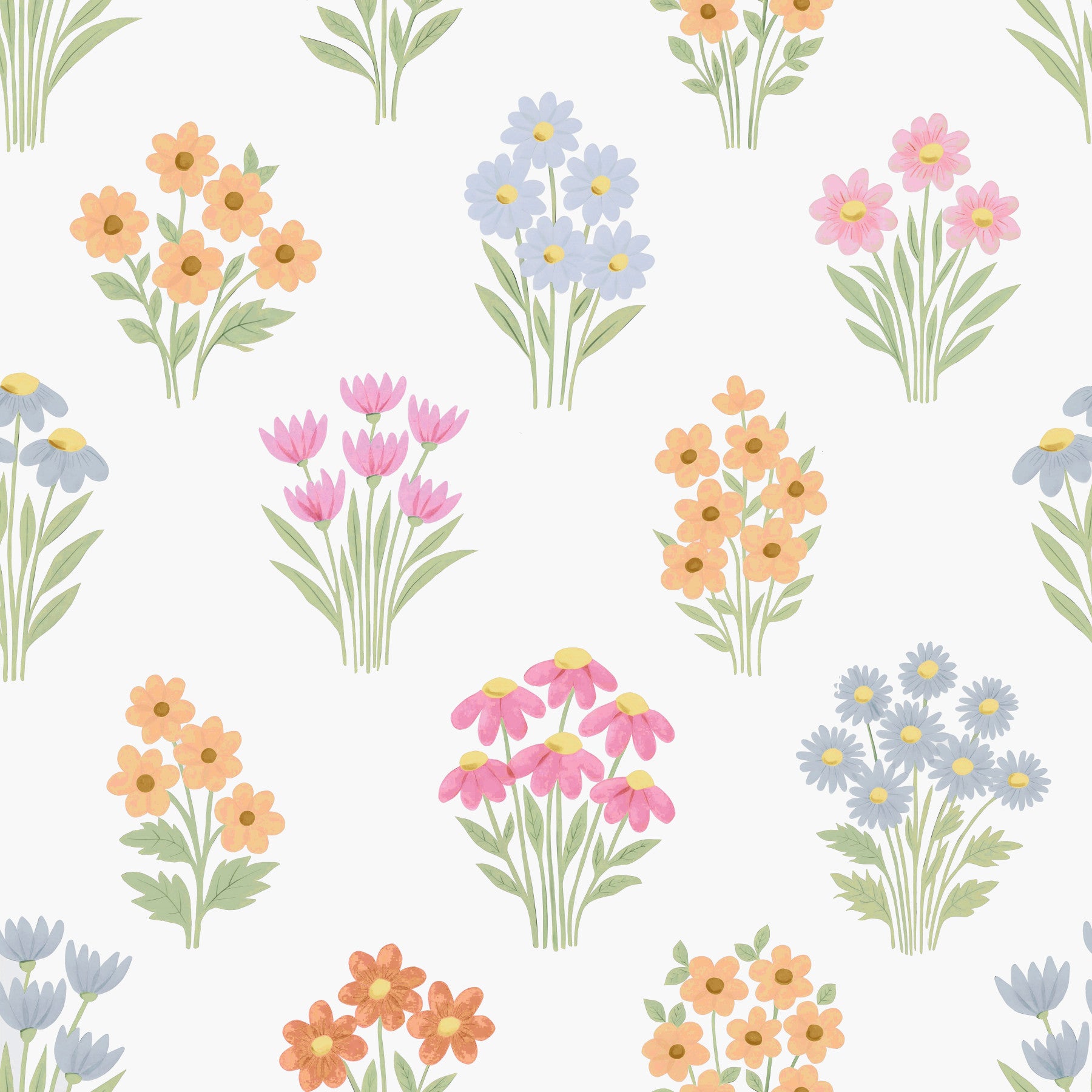 Whimsical Pastel Flowers Cottagecore Folk Floral Bouquet Wallpaper⁠