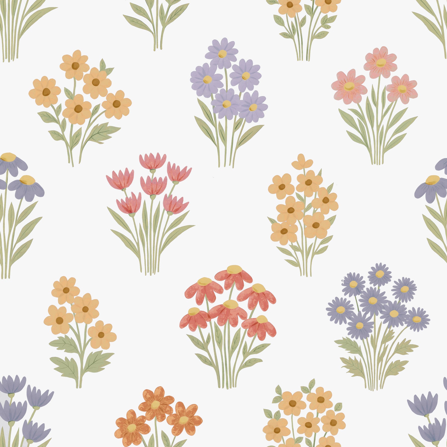 Delicate Hand-Drawn Pastel Floral Meadow Wildflowers Wallpaper⁠