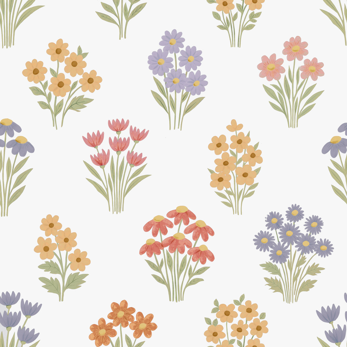Delicate Hand-Drawn Pastel Floral Meadow Wildflowers Wallpaper⁠ in your room — zoomed