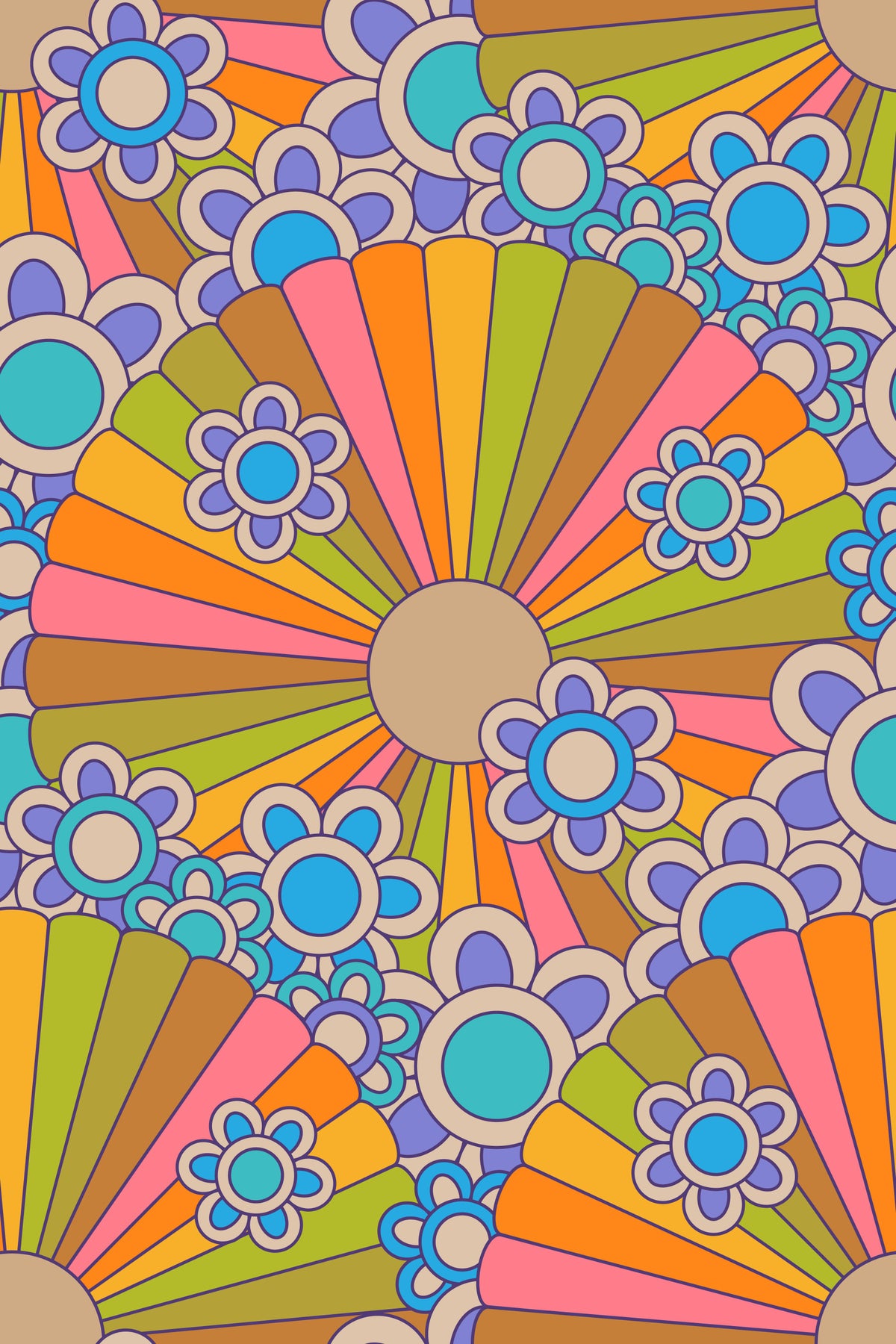 Far Out Flowers Retro Psychedelic 1970s Floral Sunburst Groovy Rainbow Colors Wallpaper⁠ in your room