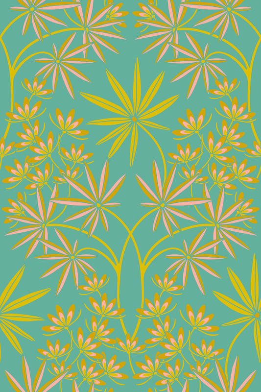 Glamour Floral Damask Maximalist Yellow Turquoise Wallpaper⁠