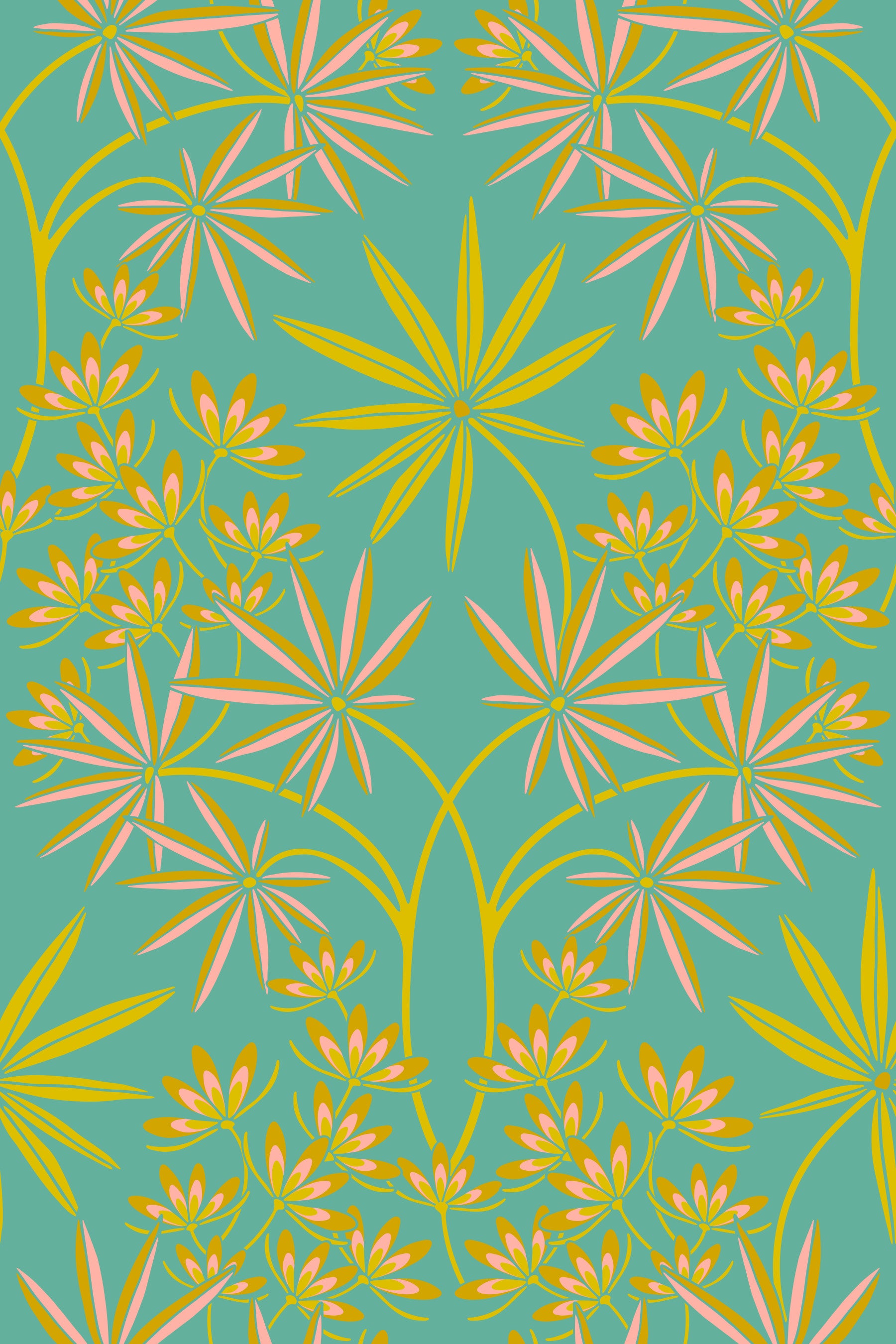 Glamour Floral Damask Maximalist Yellow Turquoise Wallpaper⁠