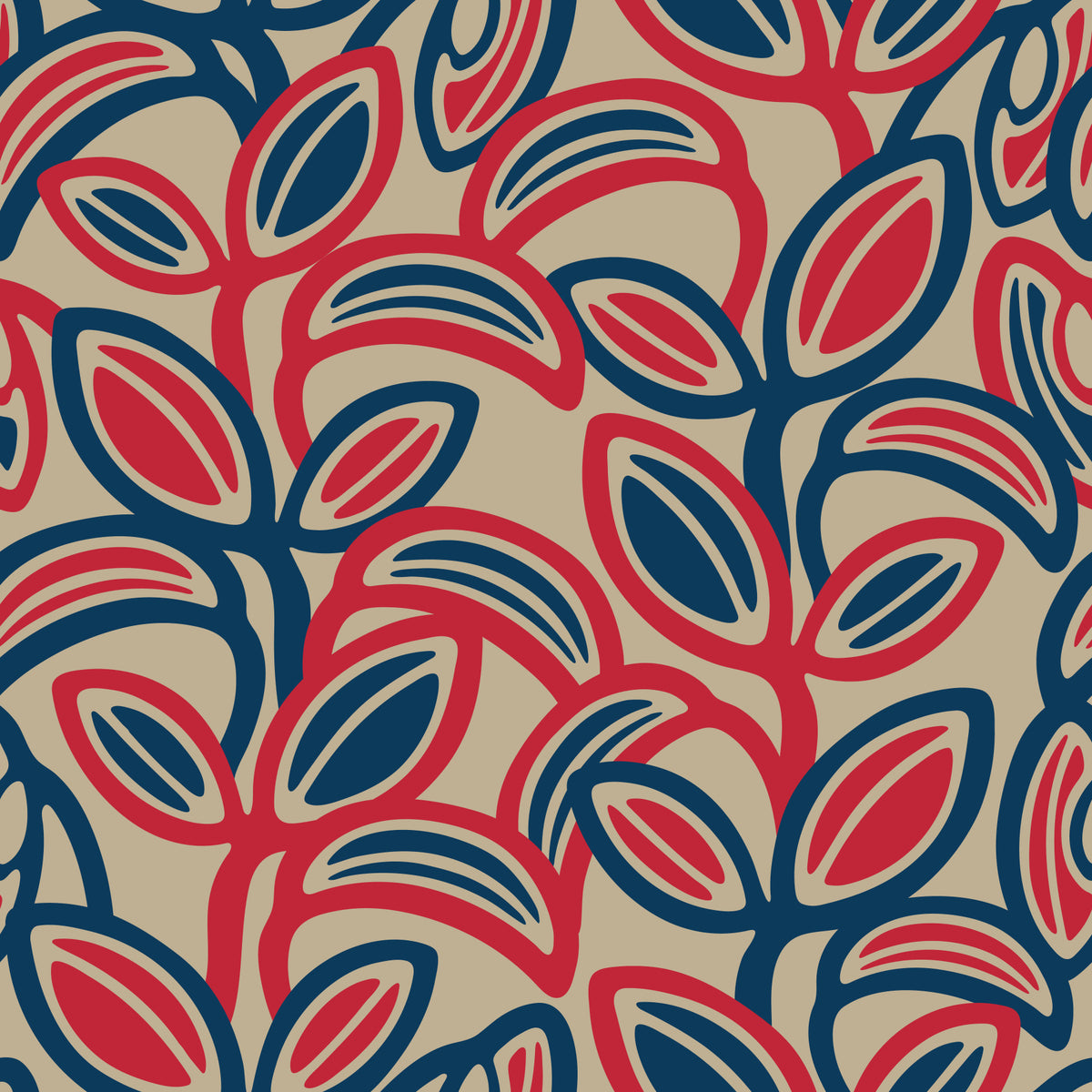 Leaf Laugh Love Groovy Retro Mid Century Leaves Red Navy Blue Beige Wallpaper⁠ in your room