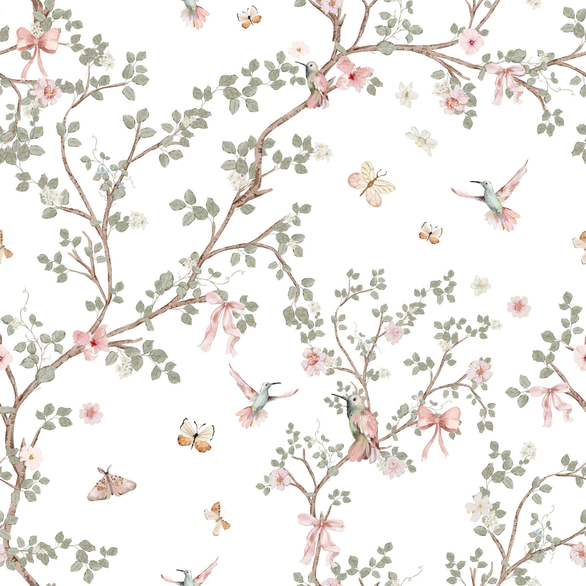 Floral Whispers Hummingbirds Chinoiserie Garden Wallpaper⁠ in your room