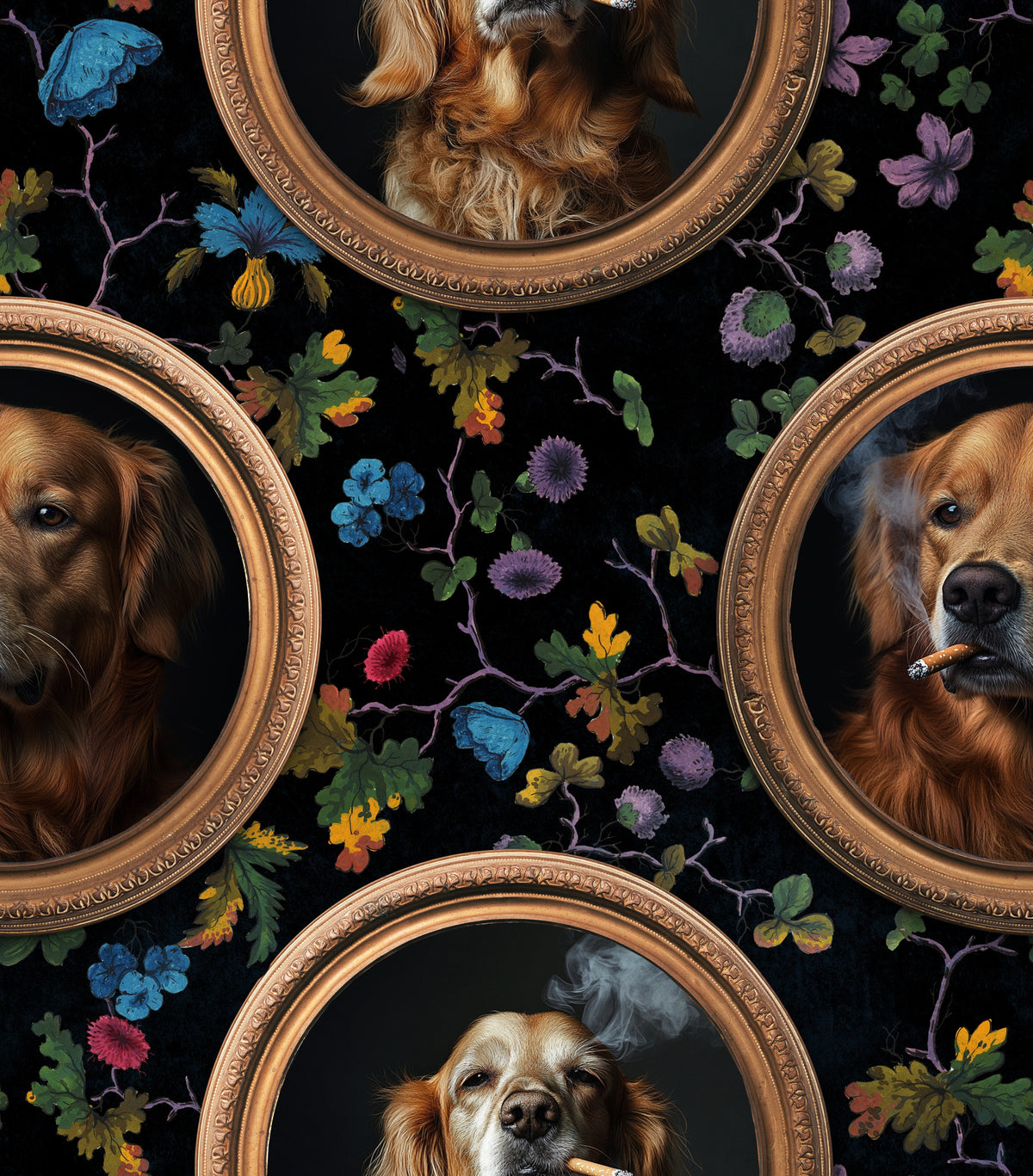 Smoking Golden Retriever in Gold Frames Wallpaper⁠ in your room — zoomed