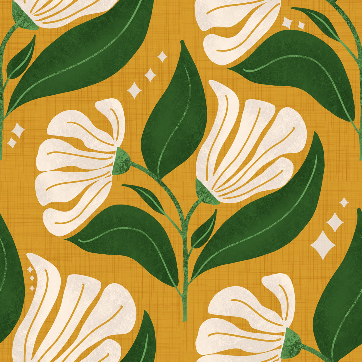 Retro 70s Cream Florals on Avocado Yellow - Bold Vintage Flowers Wallpaper⁠ in your room — zoomed