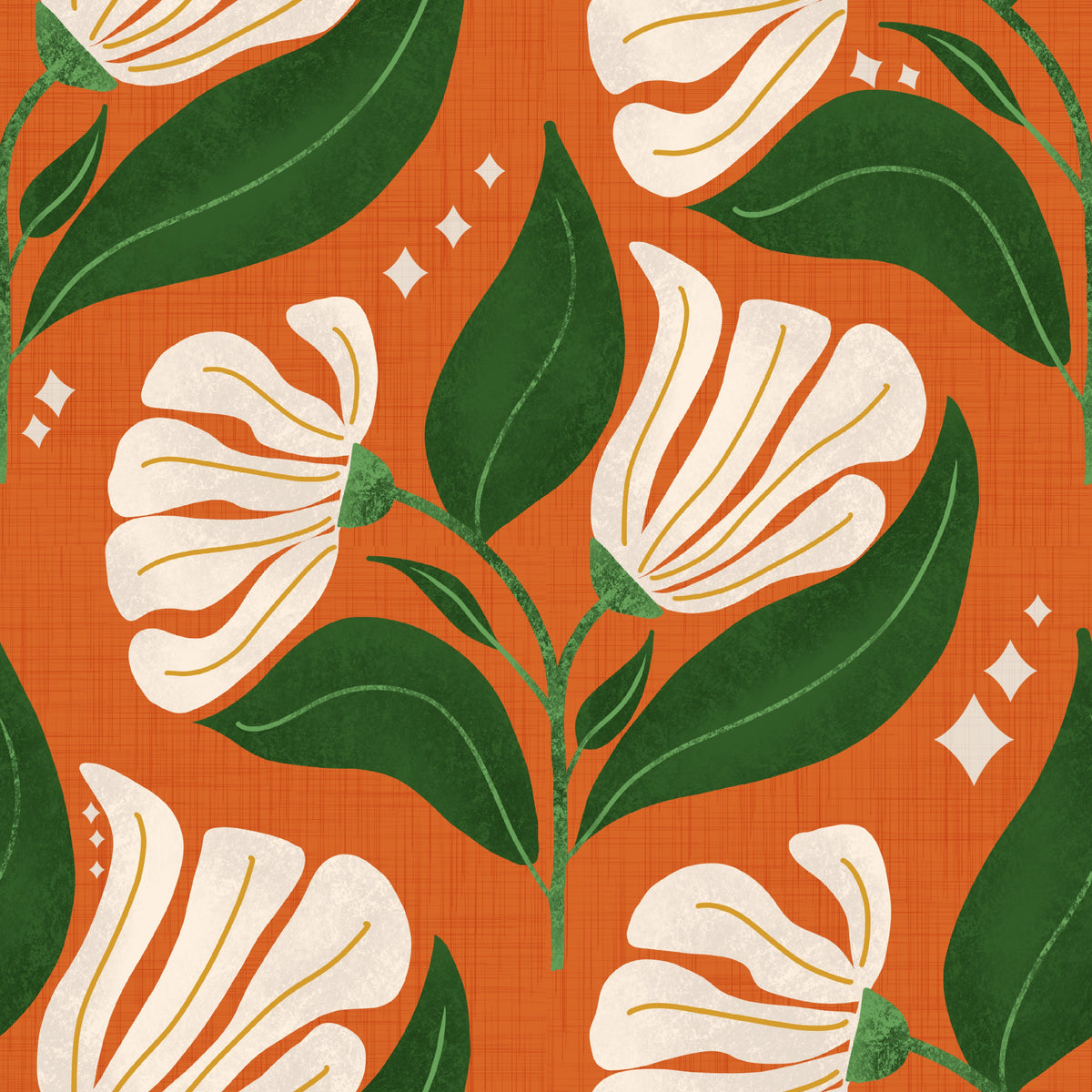 Retro 70s Cream Florals on Avocado Orange - Bold Vintage Flowers Wallpaper⁠ in your room — zoomed