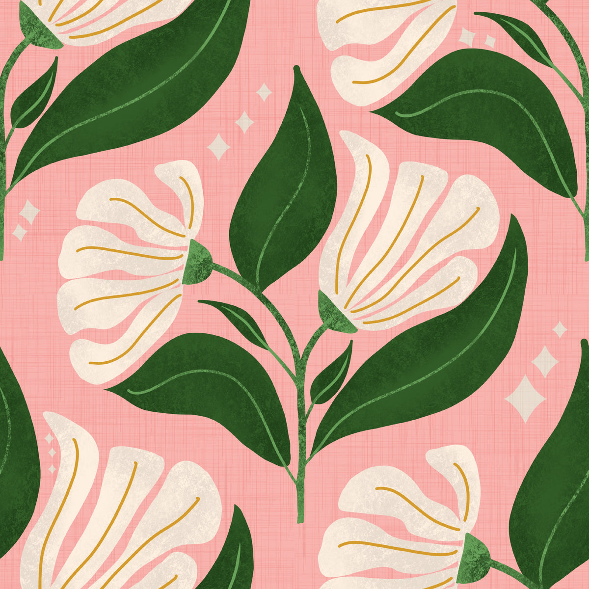 Retro 70s Cream Florals on Avocado Pink - Bold Vintage Flowers Wallpaper⁠ in your room — zoomed