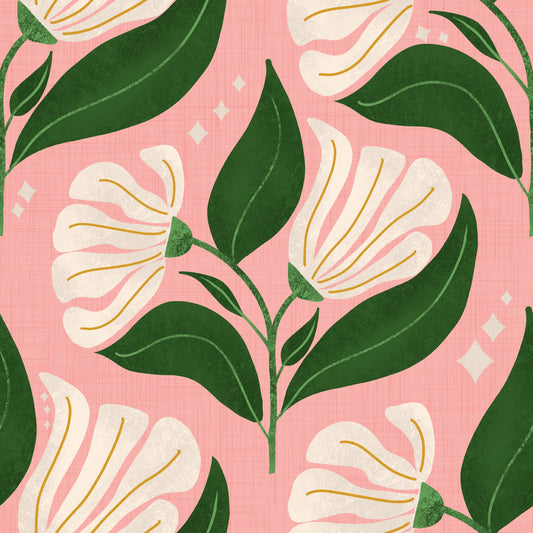 Retro 70s Cream Florals on Avocado Pink - Bold Vintage Flowers Wallpaper⁠