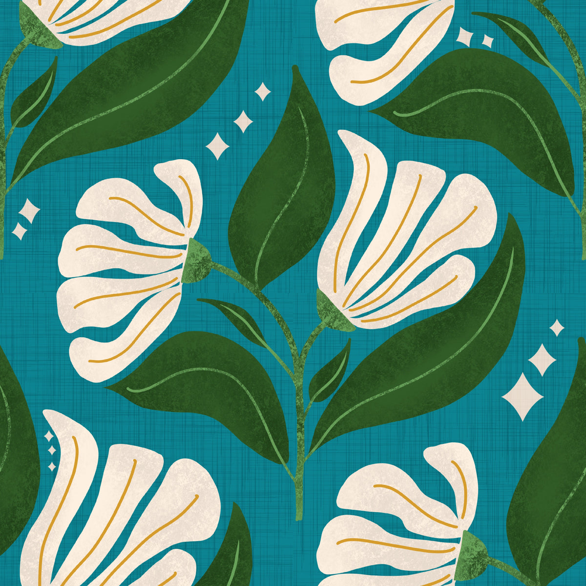 Retro 70s Cream Florals on Avocado Teal - Bold Vintage Flowers Wallpaper⁠ in your room
