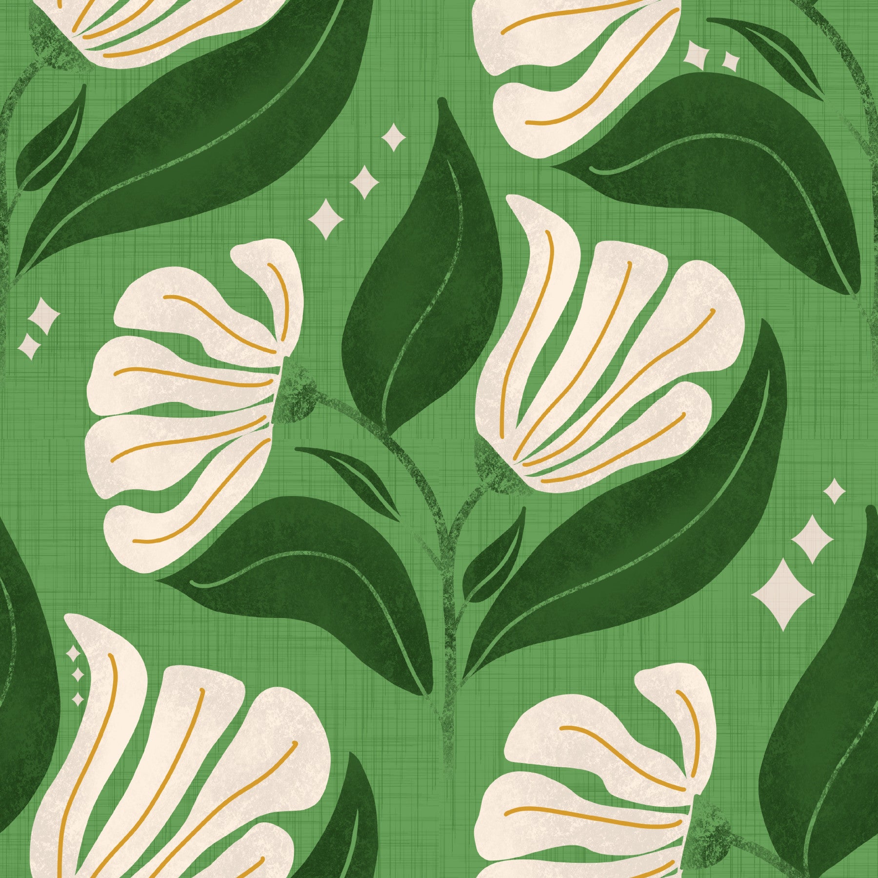 Retro 70s Cream Florals on Avocado Olive Green - Bold Vintage Flowers Wallpaper⁠ in your room — zoomed