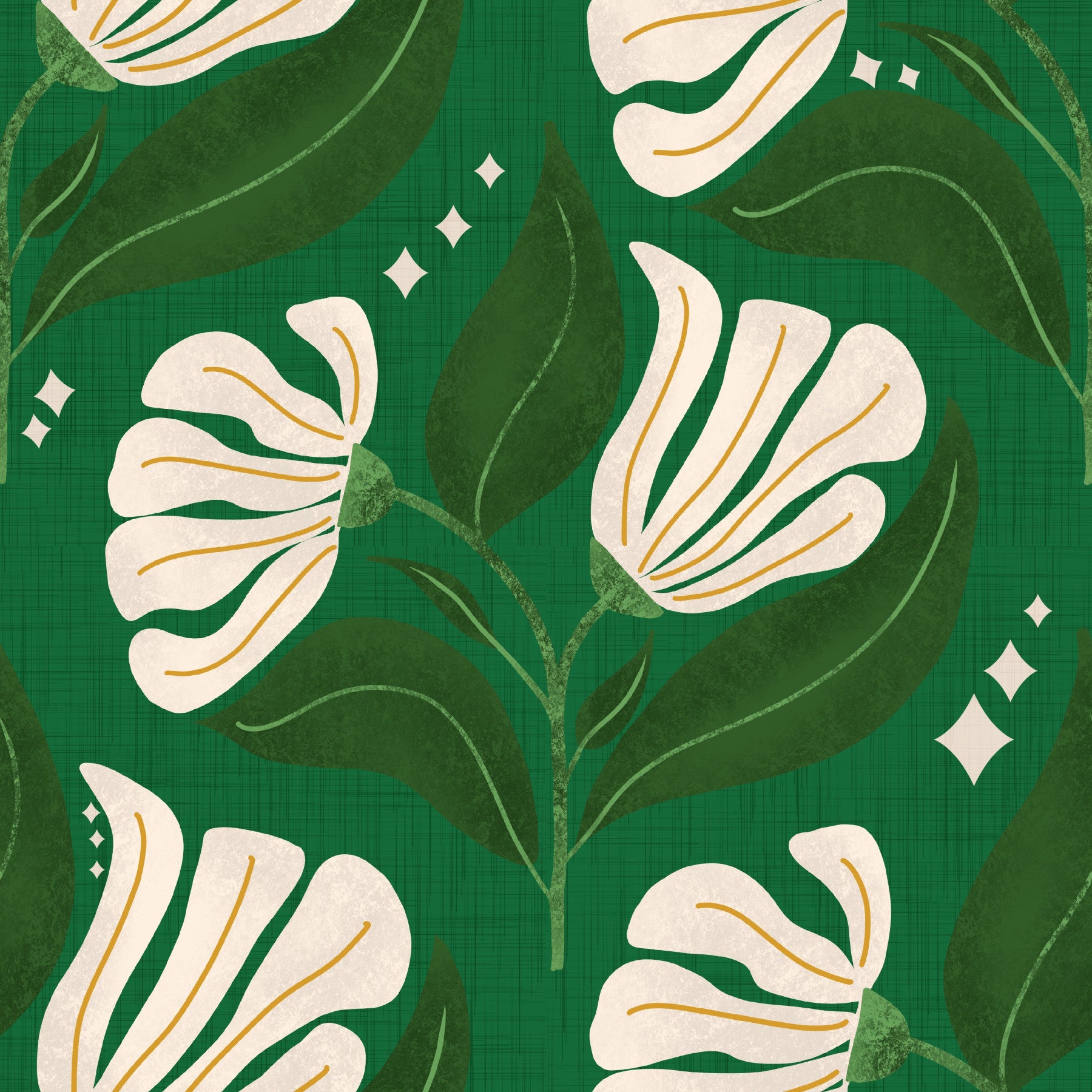 Retro 70s Cream Florals on Avocado Deep Green - Bold Vintage Flowers