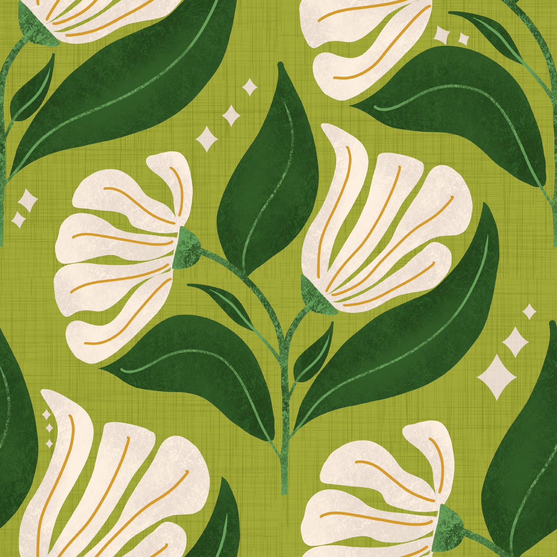 A bold, retro-themed floral wallpaper pattern.
